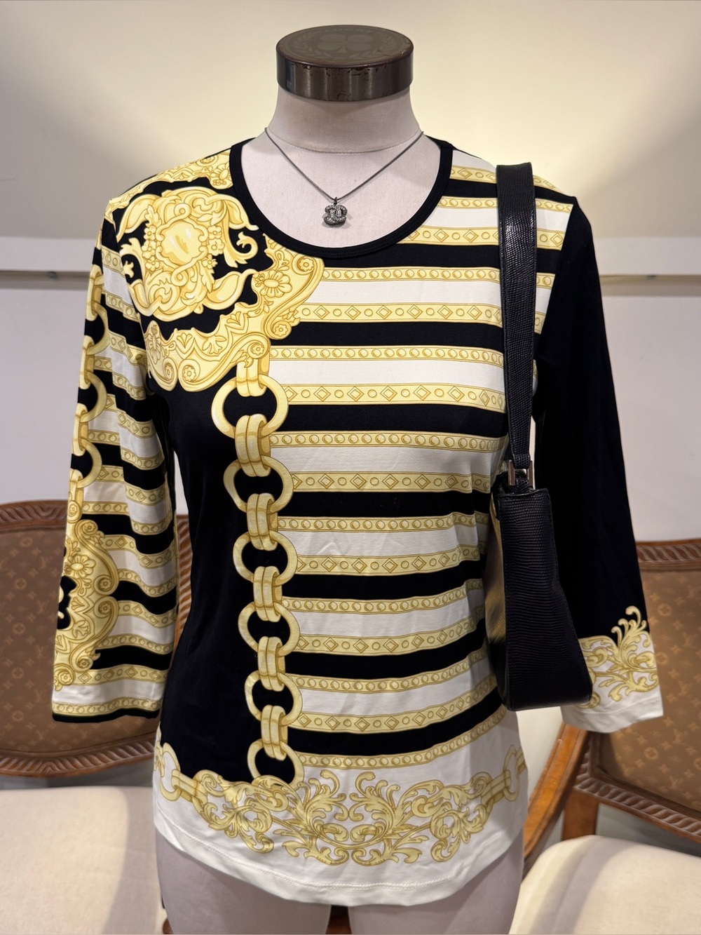 J. McLaughlin Black and Gold Chain-Stripe Long Sleeve Top Size S Nylon-Blend